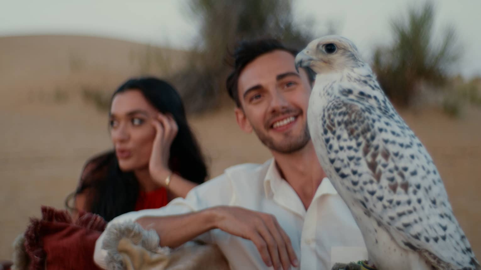 A couple sit next to an Arabian Oryx in the desert.