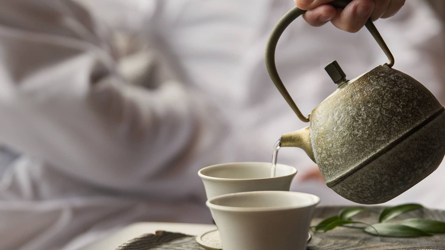 Two guests sit in hotel room as someone pours traditional Japanese tea on tray