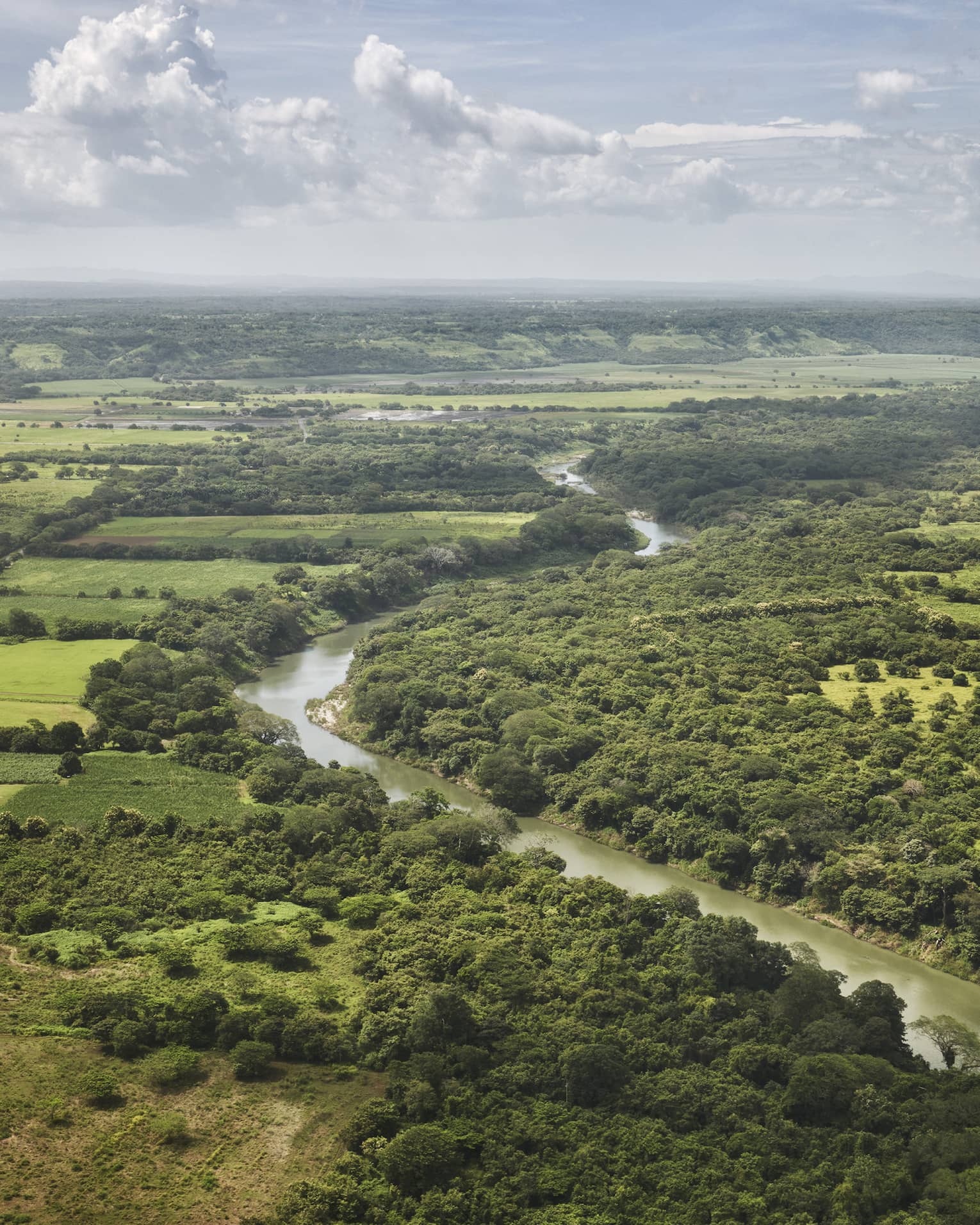 Aerial view of a river running through green farmland