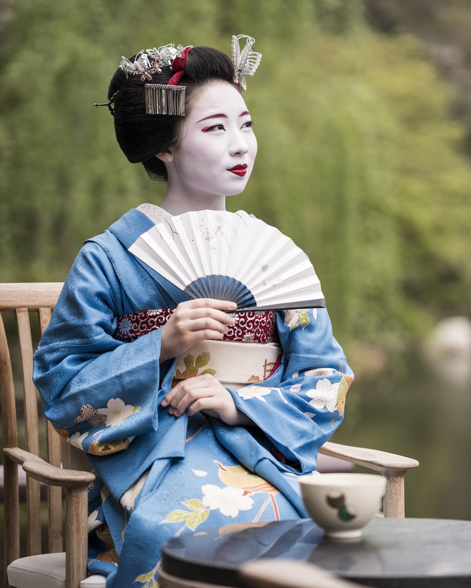 Geiko, a traditional Japanese entertainer, dressed in kimono and holding fan, sitting with cup of tea in garden