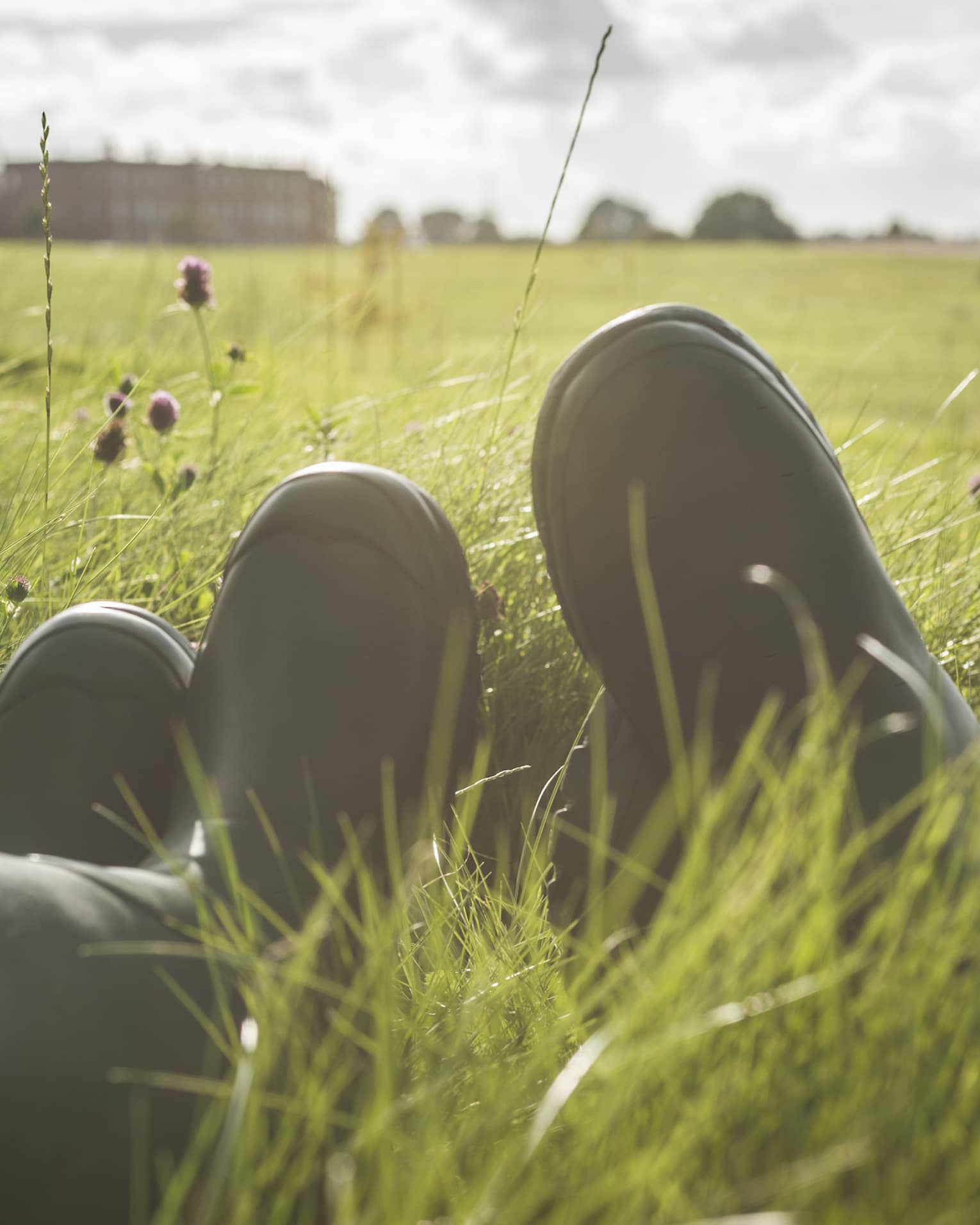 Close-up of people wearing rubber boots, relaxing in tall grass in English countryside
