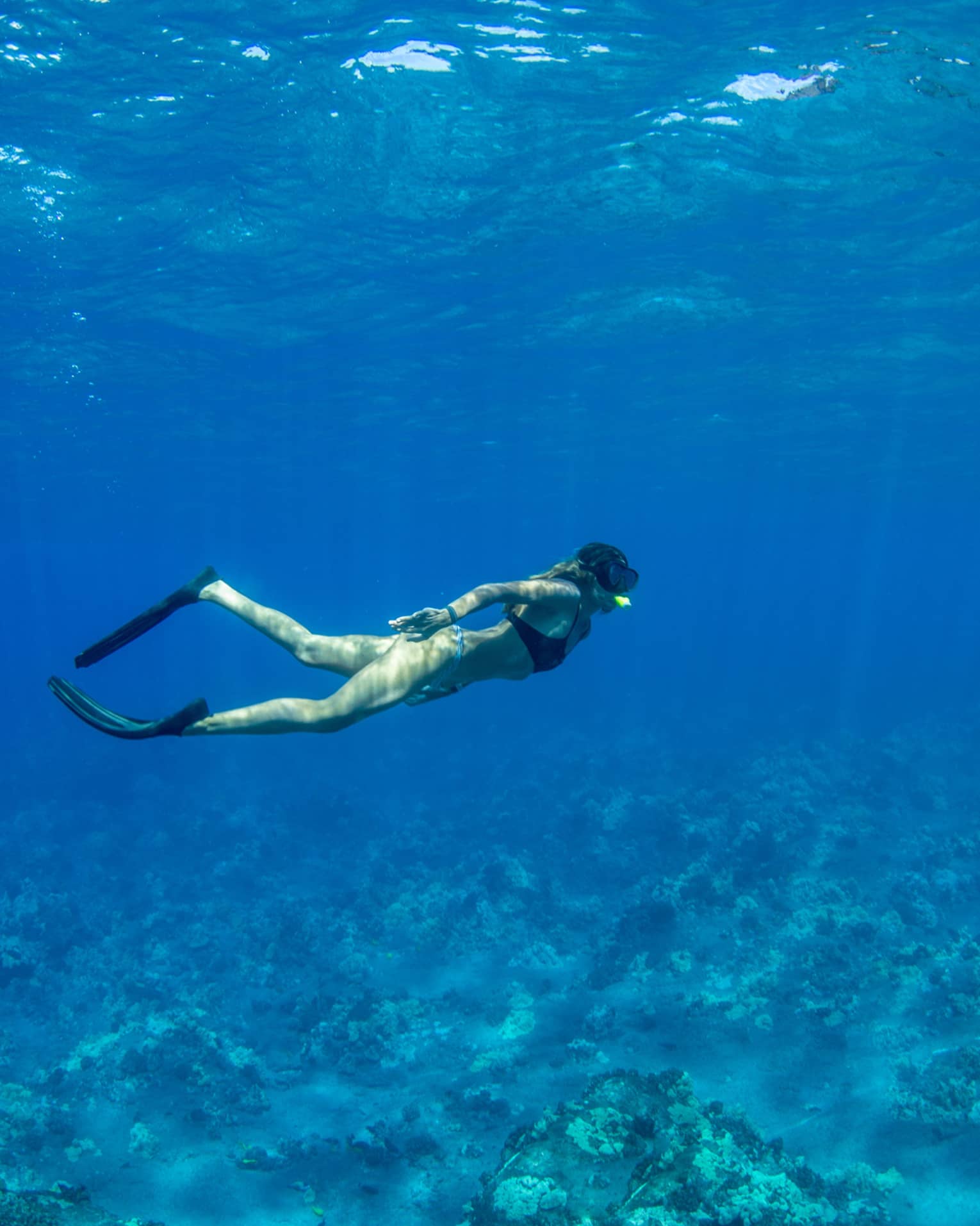 Snorkeler in black flippers and mask explores rocky coral reef below, as rays of sunlight filter from above the blue water.