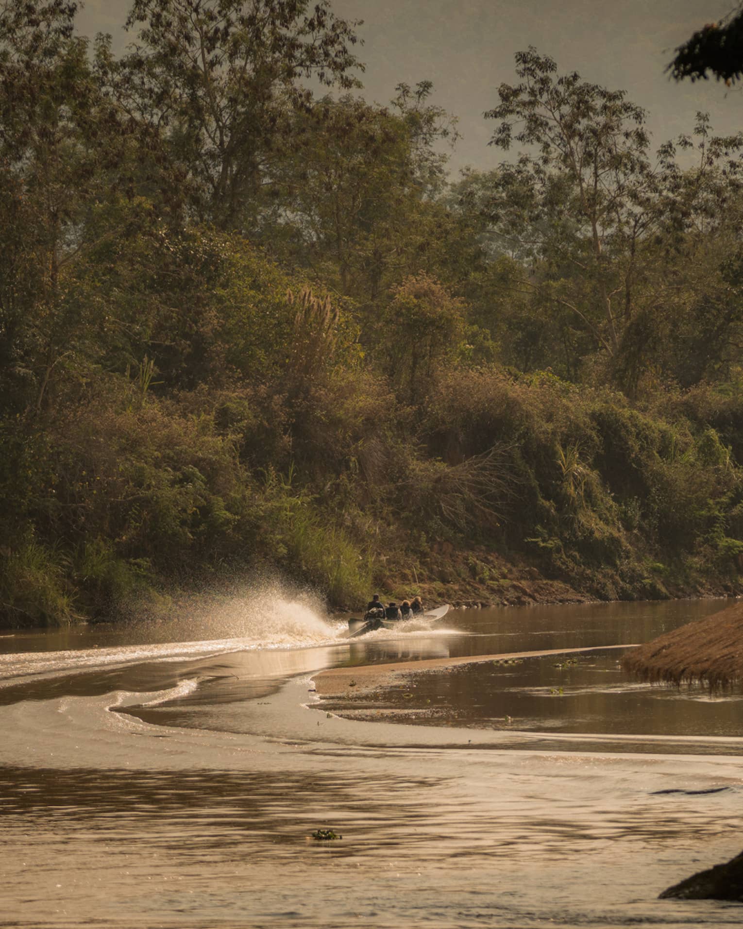 Longtail boat sprays water as it zips down the Ruak river