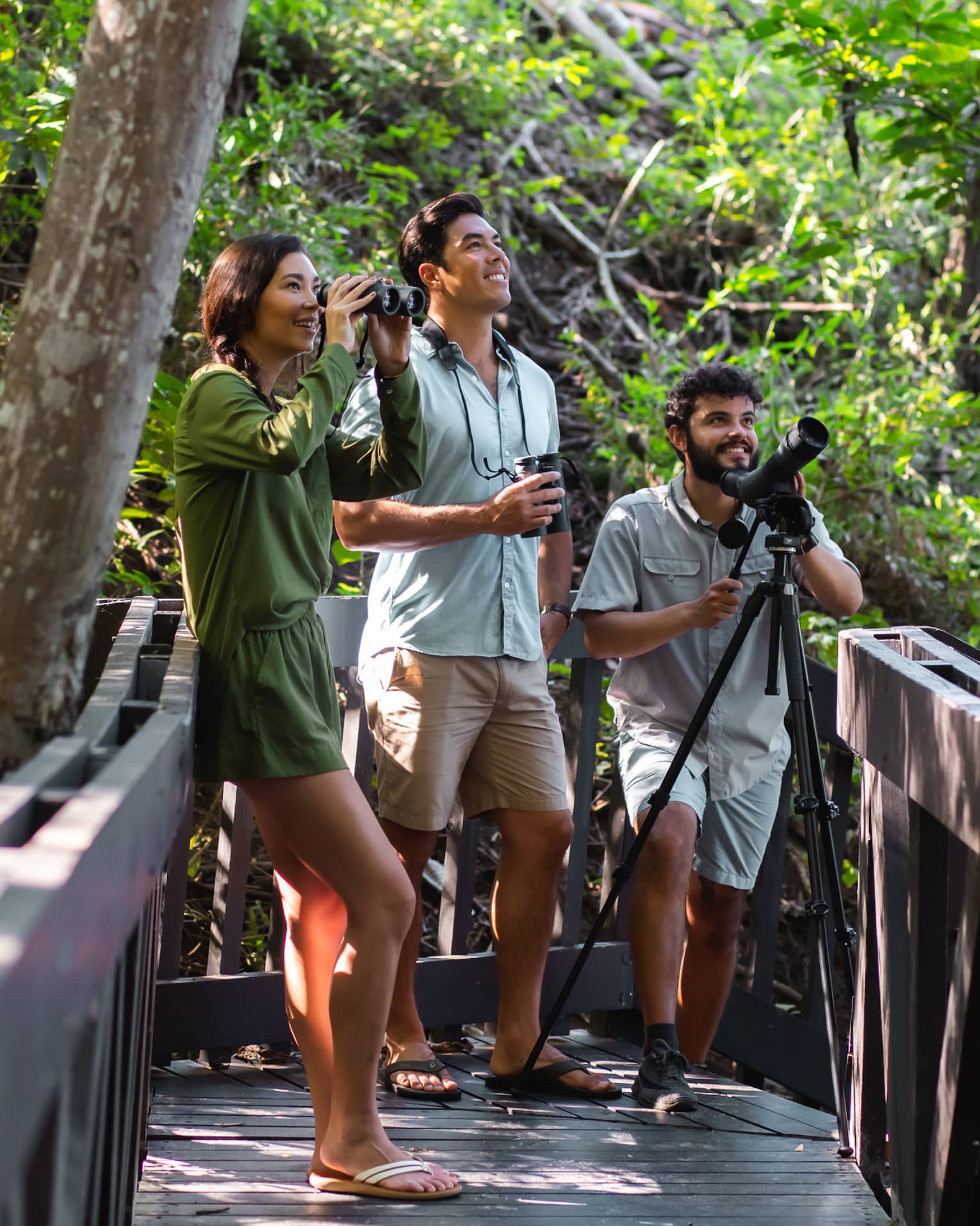 A woman holding binoculars, a man holding a recorder and a guide holding a camera on a tripod are gathered on a wooden forest walkway for bird watching