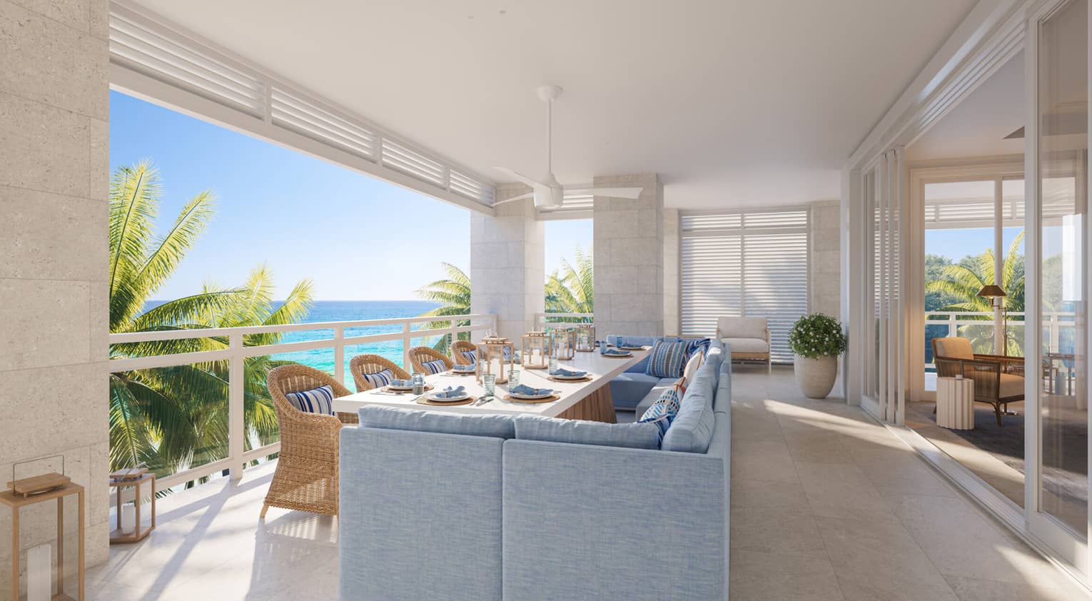 ,Rendering of a modern residence outdoor dining area with an ocean view