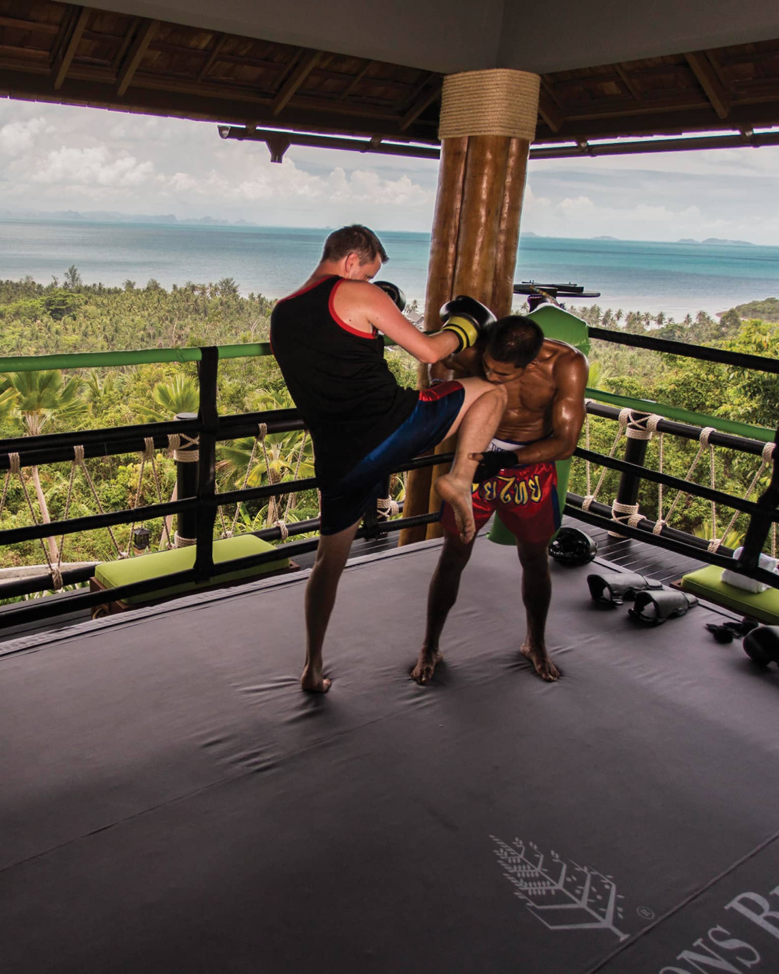 Two boxers, one's knee on the other's chest, on a padded floor against a backdrop of lush jungle and serene ocean.