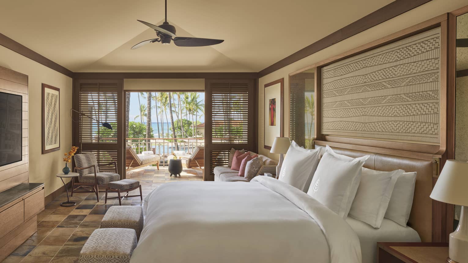 Bedroom with natural colors and fabrics, walk-out terrace