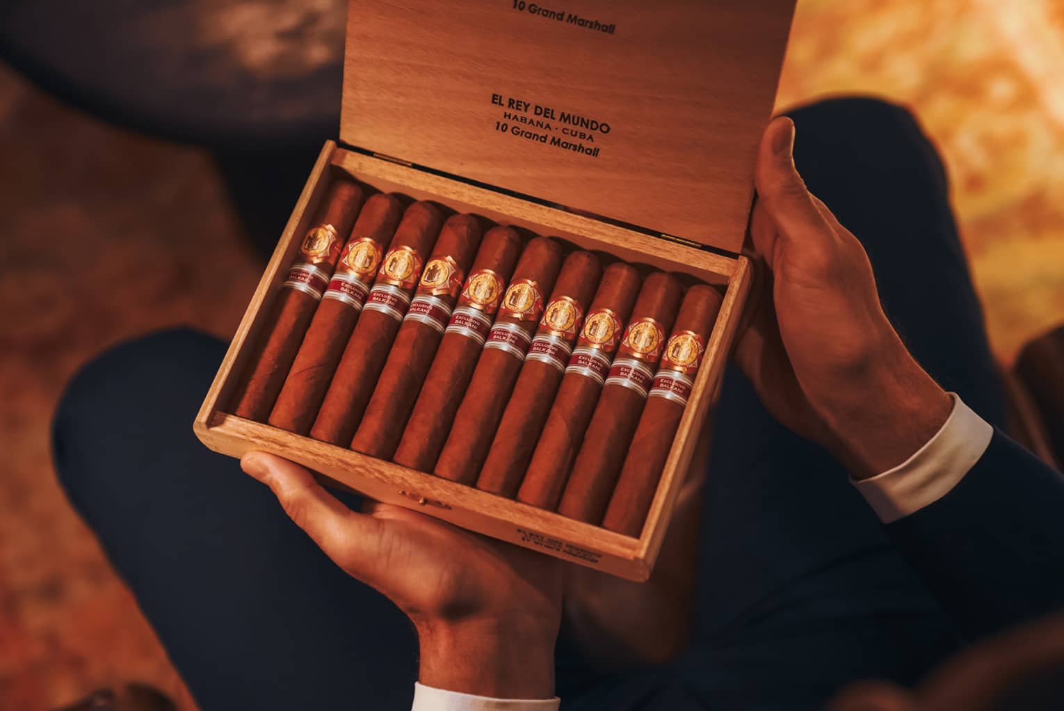 Close up of person's hands holding an open cigar box filled with 10 cigars