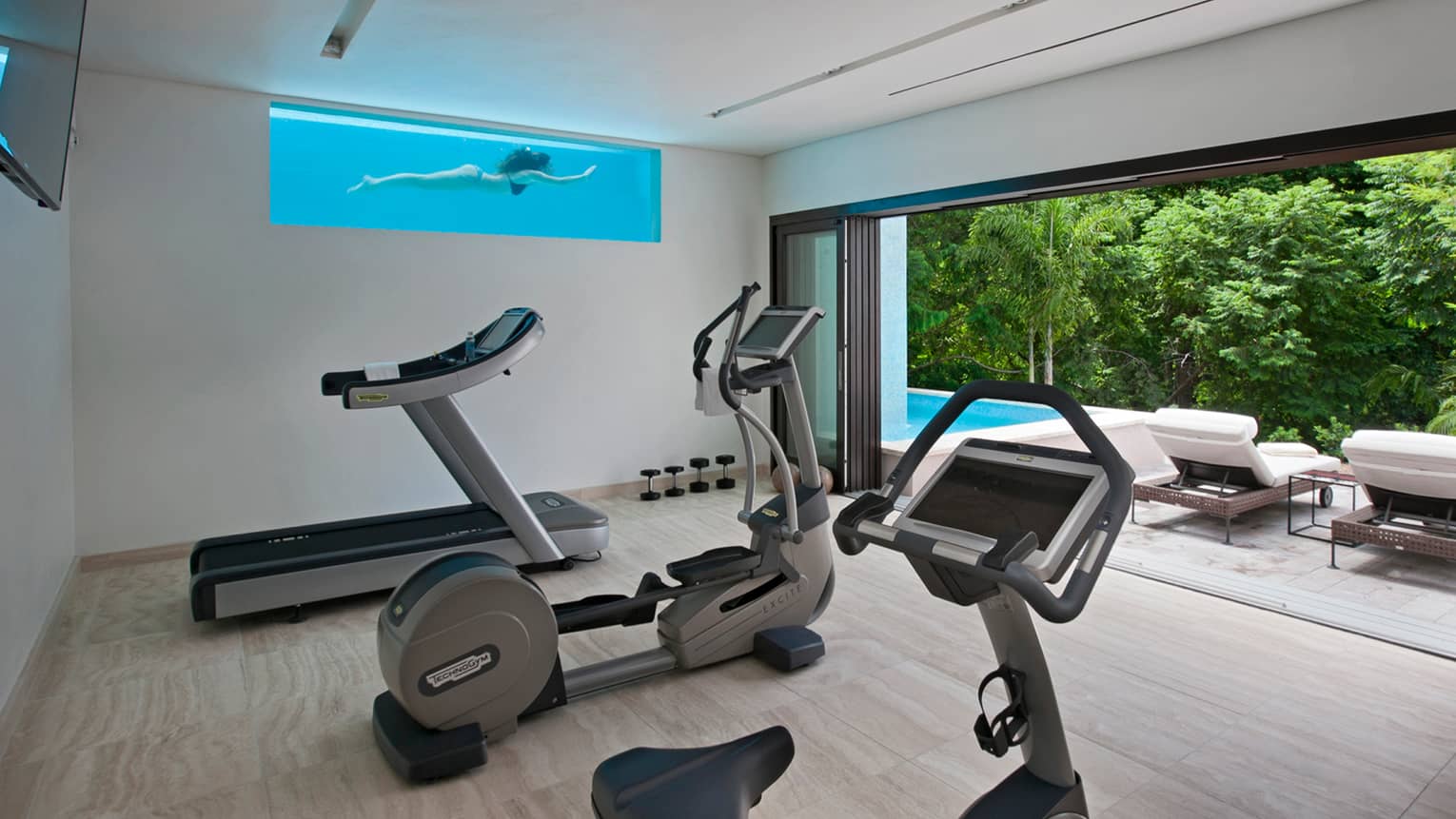 Cardio stationary bike, elliptical treadmill in private fitness room off patio