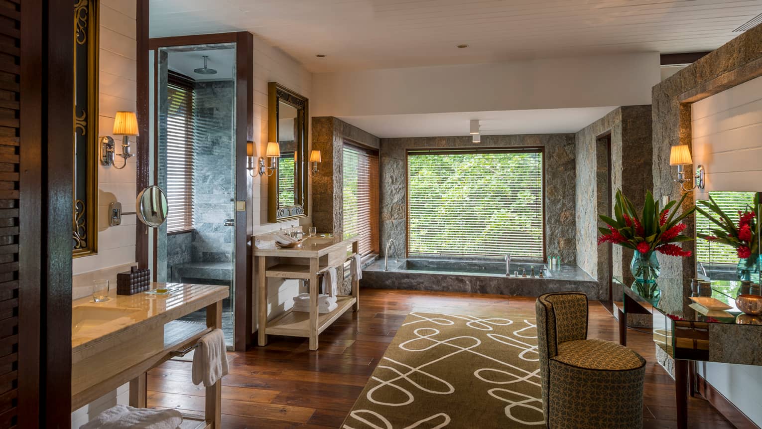 Four-Bedroom Residence Villa large bathroom with walk-in rain shower, sunken marble tub by window