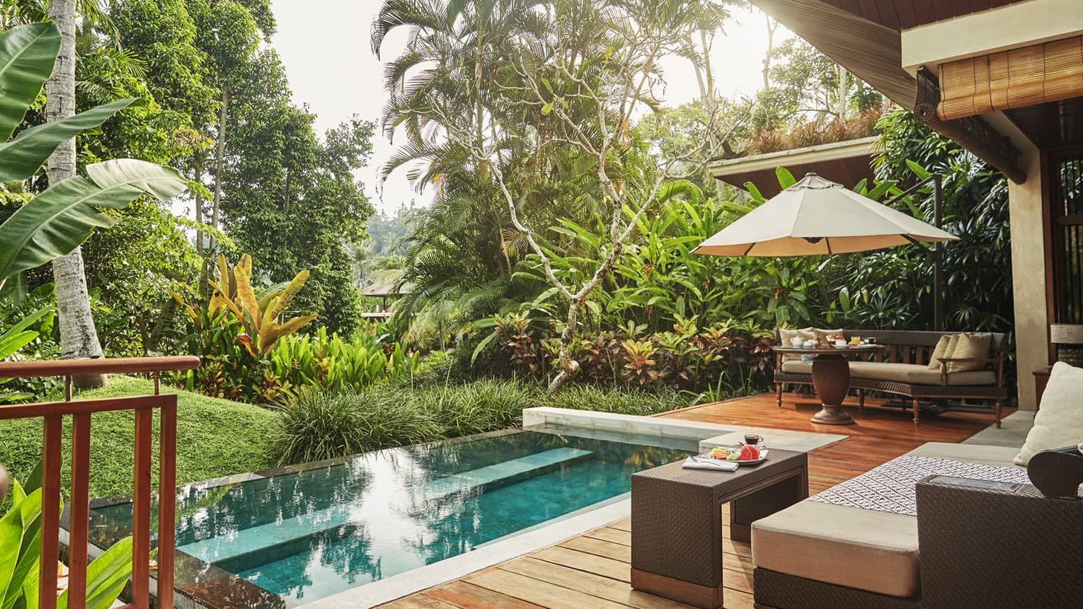 Small rectangular plunge pool off villa patio, surrounded by green tropical plants